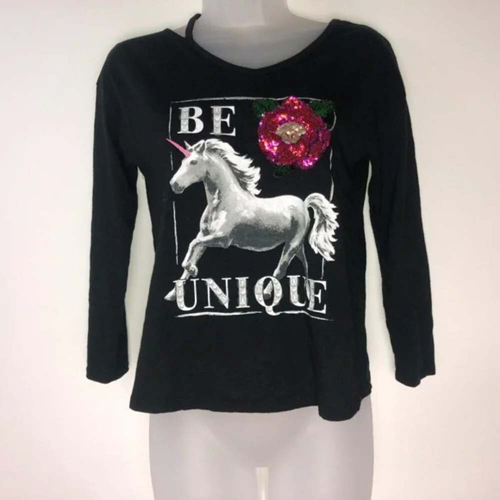 Justice Girls Black w/White Horse Sequin Rose Shirt Size 12
